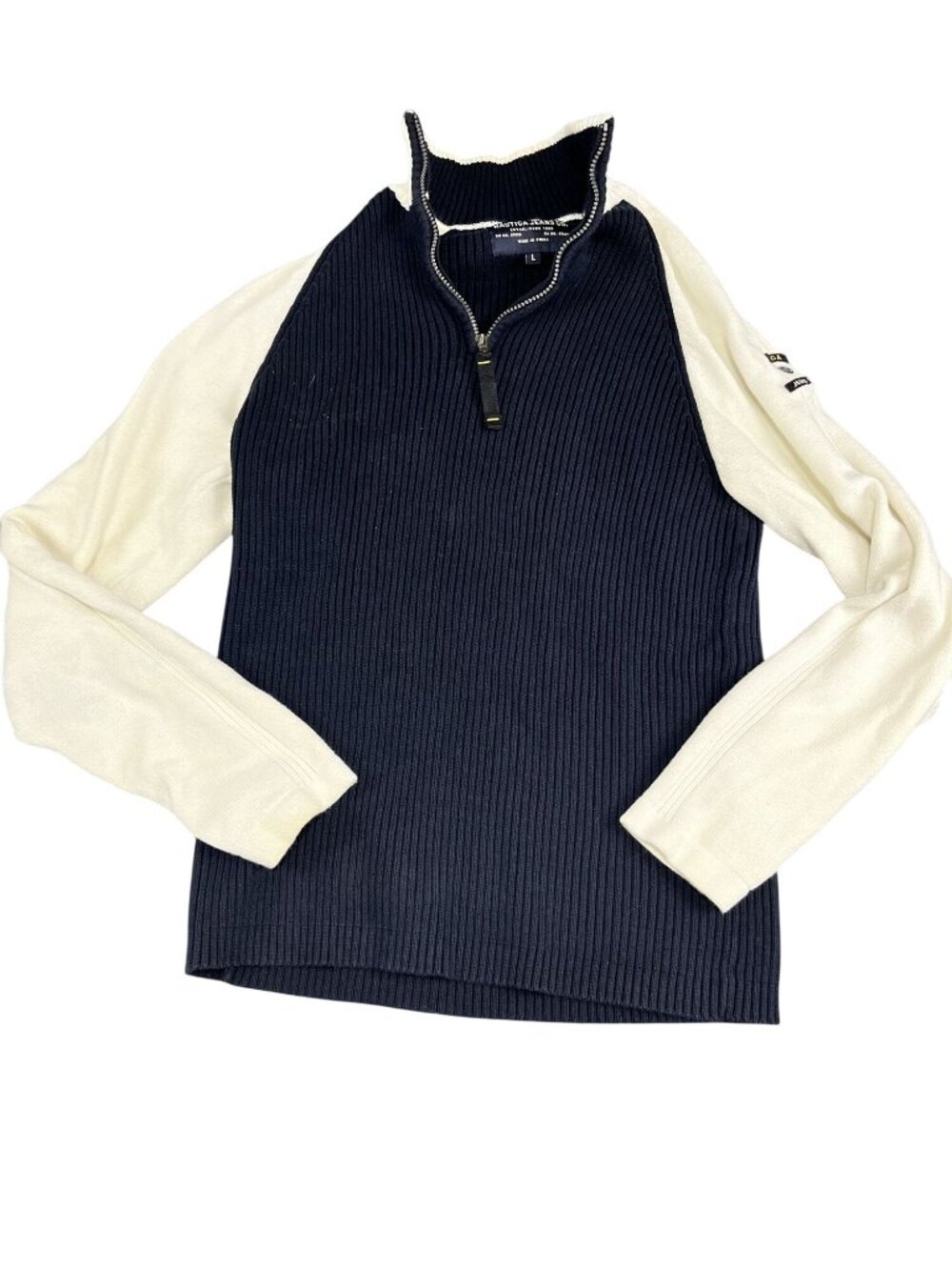 Nautica Jeans Co. Mens Navy & Cream Ribbed Half-Zip Sweater L